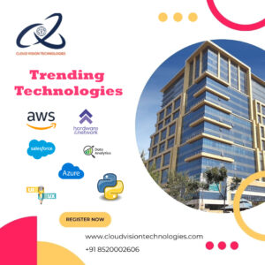 Blogs-Promotional poster for Cloud Vision Technologies featuring trending technologies like AWS, Salesforce, Azure, and Python, with an office building image and contact details.